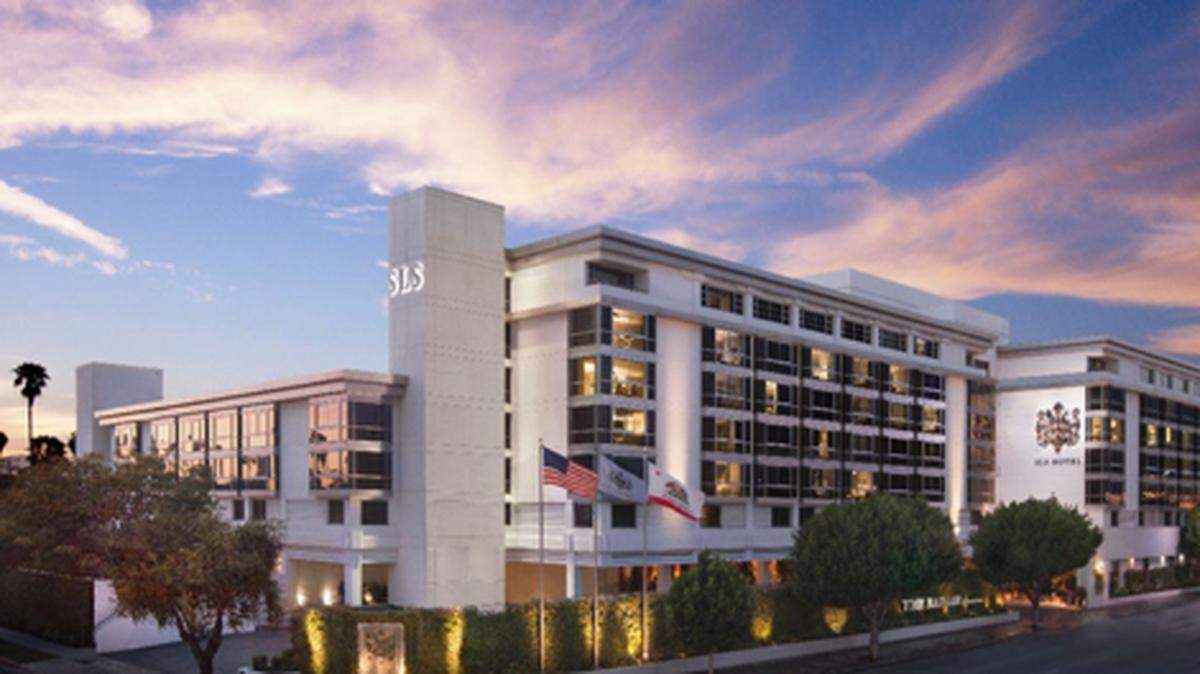 SLS Beverly Hills facade at sunset