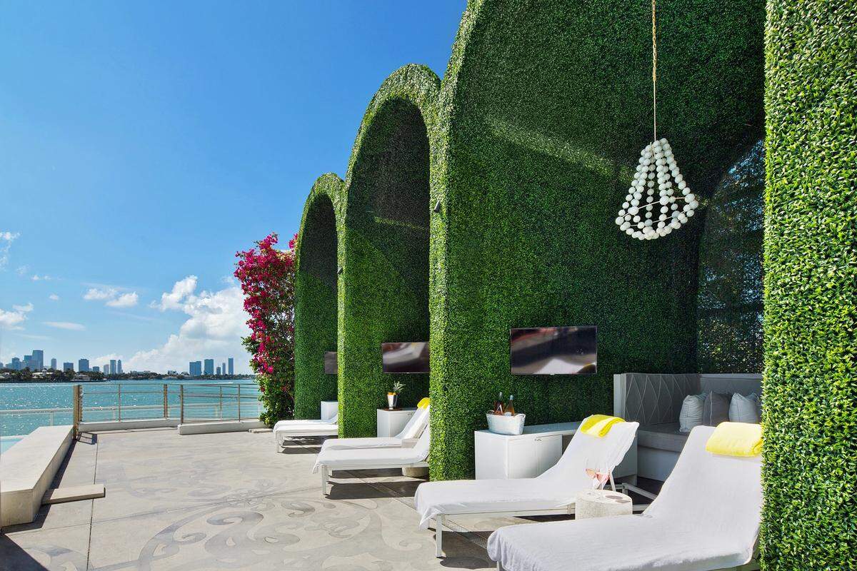 Fancy cabanas overlook Biscayne Bay at the Mondrian.