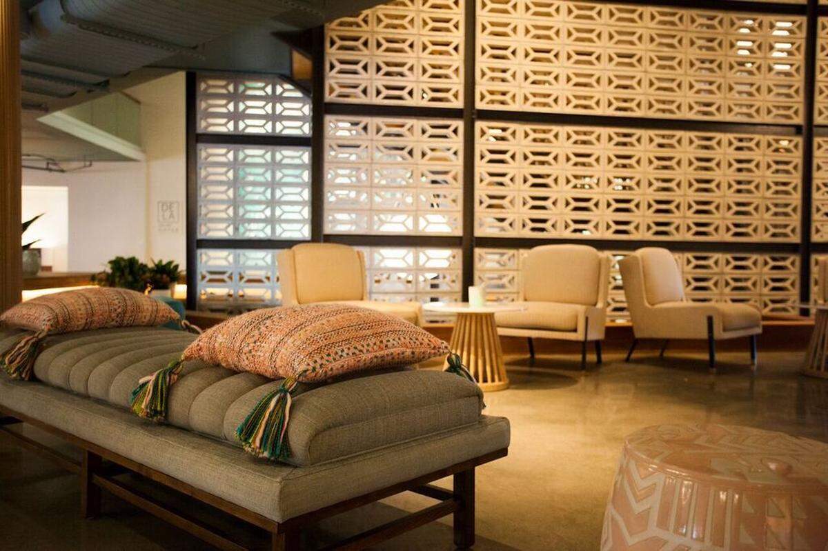 The mid-century modern design aesthetic in the lobby.