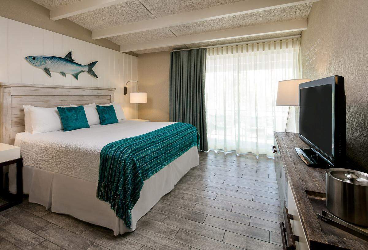 A stylish guest room at Postcard Inn.