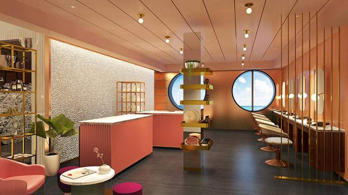 The Dry Dock salon, a stand-alone blow dry bar on Virgin Voyages’ Scarlet Lady ship.