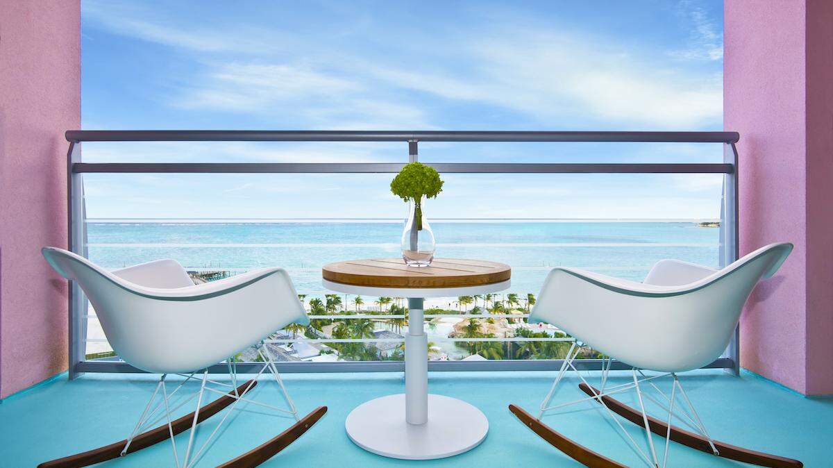 A balcony overlooking Cable Beach at SLS Baha Mar in Nassau.