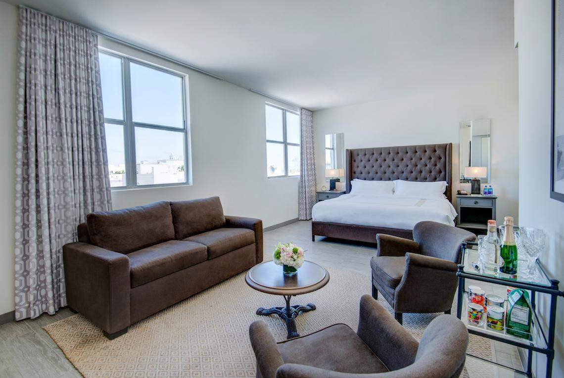 A freshly redesigned guest room at the historic Clinton Hotel.