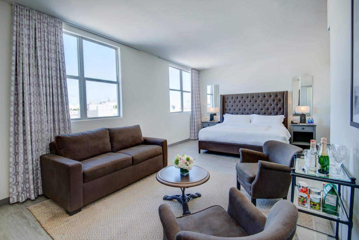 A freshly redesigned guest room at the historic Clinton Hotel.