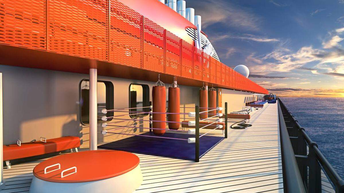 The boxing ring is among several new athletic features available on Virgin Voyages’ upcoming Scarlet Lady ship, sailing from PortMiami in 2020.