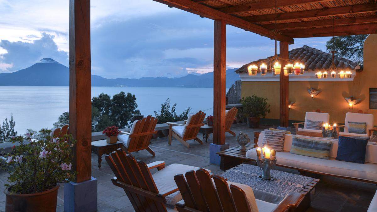 The terrace at Casa Palopó overlooking Guatemala's Lake Atitlán.