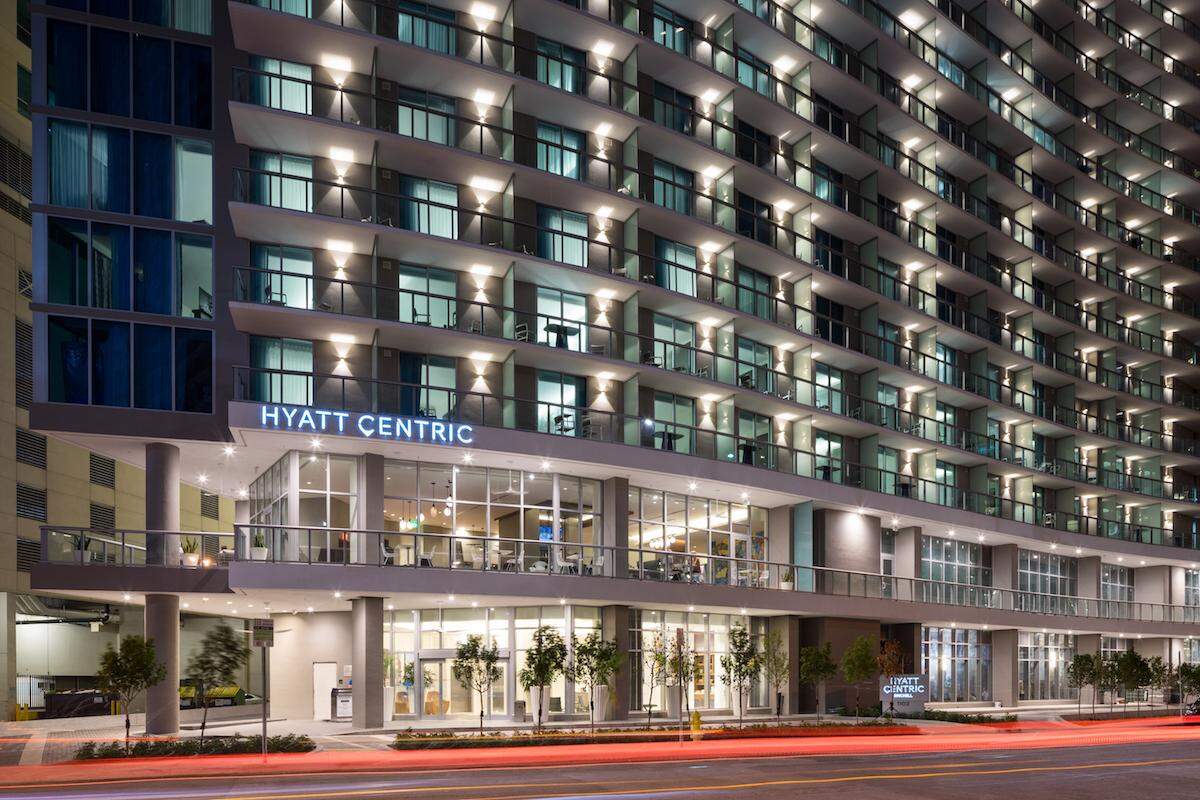 The facade of Hyatt Centric Miami Beach, part of the Panorama Tower apartments.