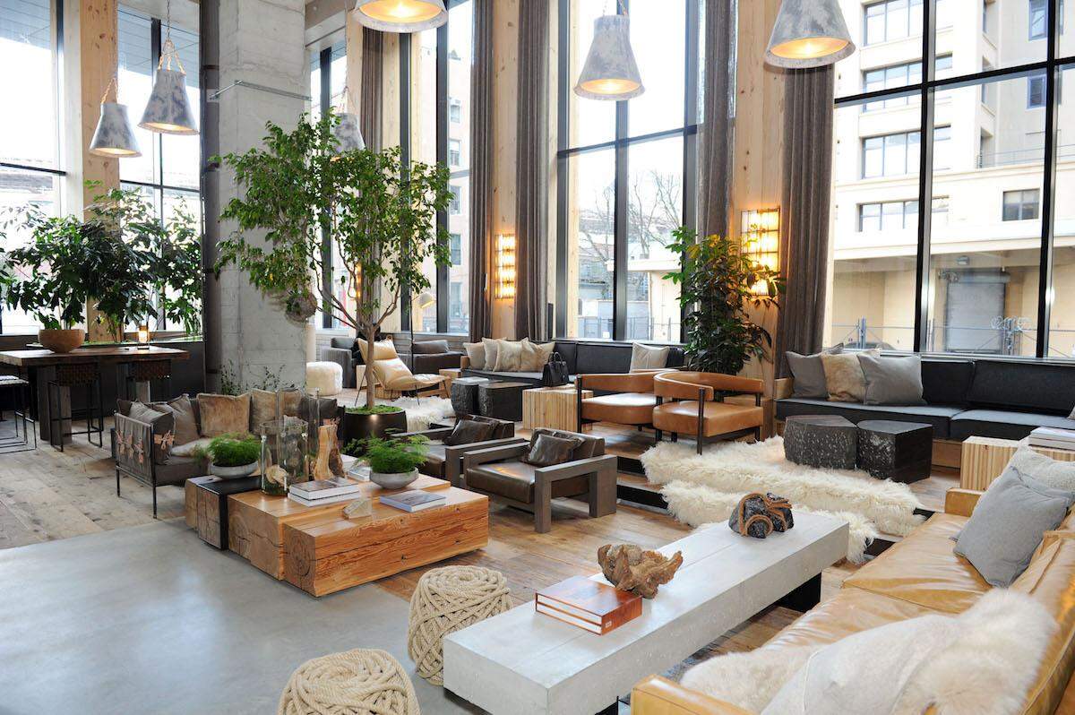 The lobby at 1 Hotel Brooklyn Bridge. Photo by Craig Barritt/Getty Images for 1 Hotel Brooklyn Bridge.