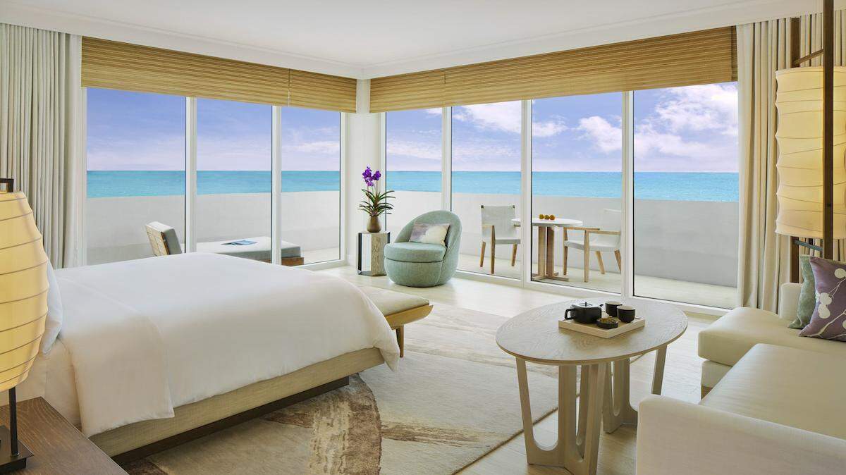 A corner suite at the Eden Roc's new Nobu Hotel.