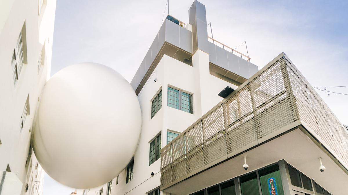 Shulman & Associates gravity-defying architectural marvel, The Betsy Orb, is wedged in the alley between the hotel's two wings.