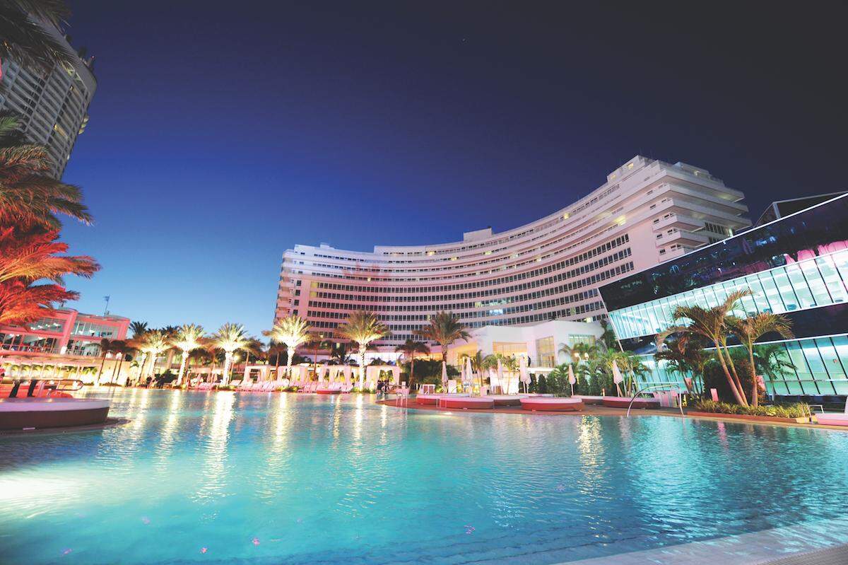 A poolside view of Morris Lapidus’ iconic Fontainebleau resort.