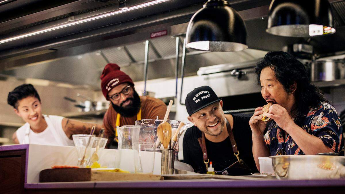 TruTV’s “Fast Foodies” stars (left to right) chefs Kristin Kish, Justin Sutherland and Miami chef Jeremy Ford, along with a different celebrity such as Bobby Lee every week.