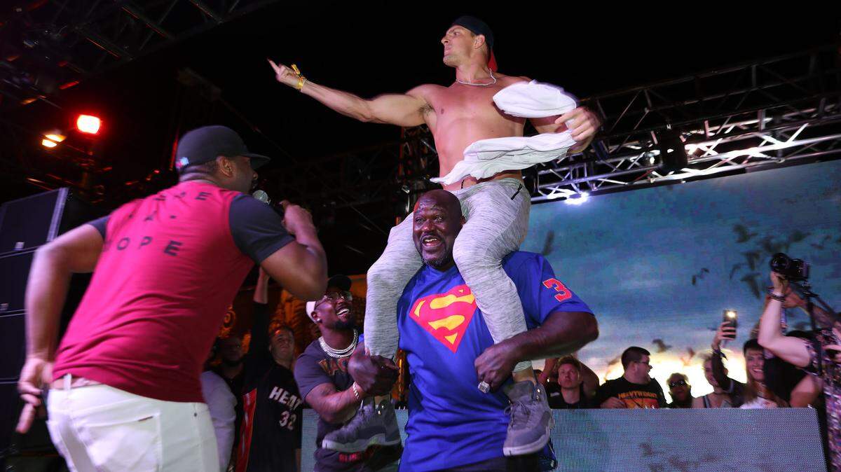 Gronk and Shaq at Shaq’s Fun House during Miami Music Week 2018. The party is coming to Miami for Super Bowl LIV.