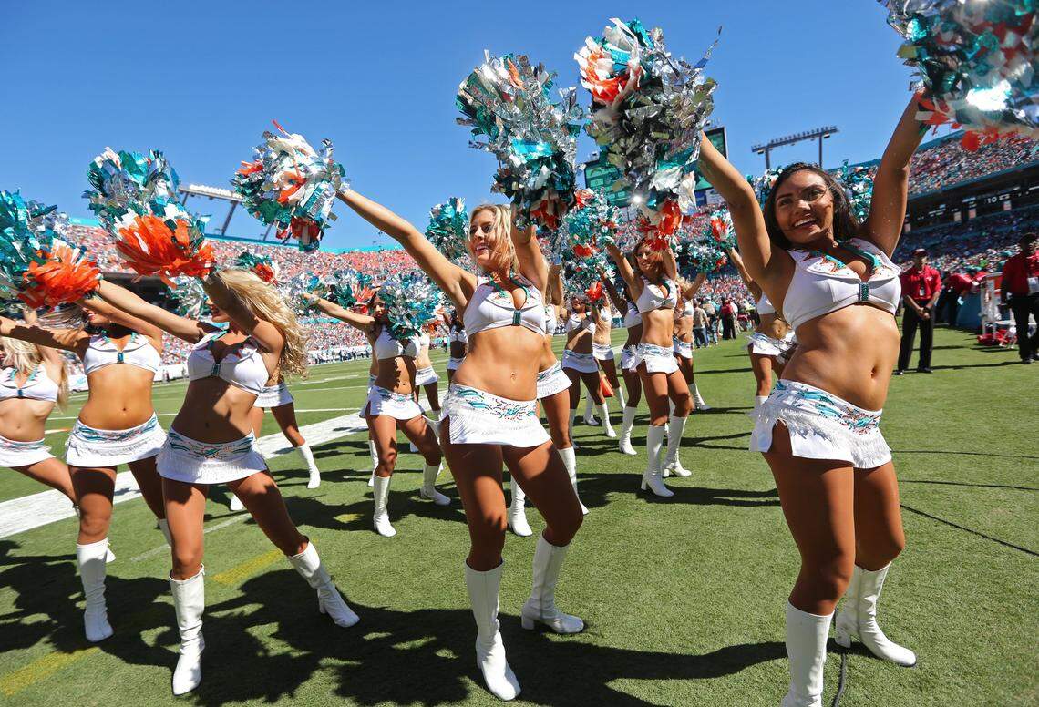 Dolphin Cheerleaders perform as the Miami Dolphins play host to the San Diego Chargers at Sun Life Stadium on Sunday, November 2, 2014.