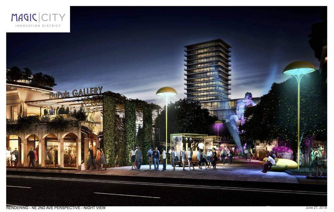 An architectural rendering shows the planned Northeast Second Avenue entrance and the renovated historic DuPuis building at the Magic City Innovation District development in Miami’s Little Haiti neighborhood.