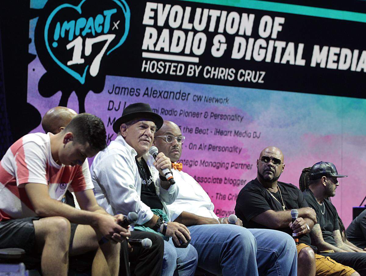 Ted Cohen (second from left), digital entertainment industry executive, speaks at the "Evolution of Radio and Digital Media panel" during the IMPACT '17 Conference, a one-day annual event centered around music, technology, fashion and art, at the University of Miami Watsco Center in Coral Gables on Thursday June 29, 2017.