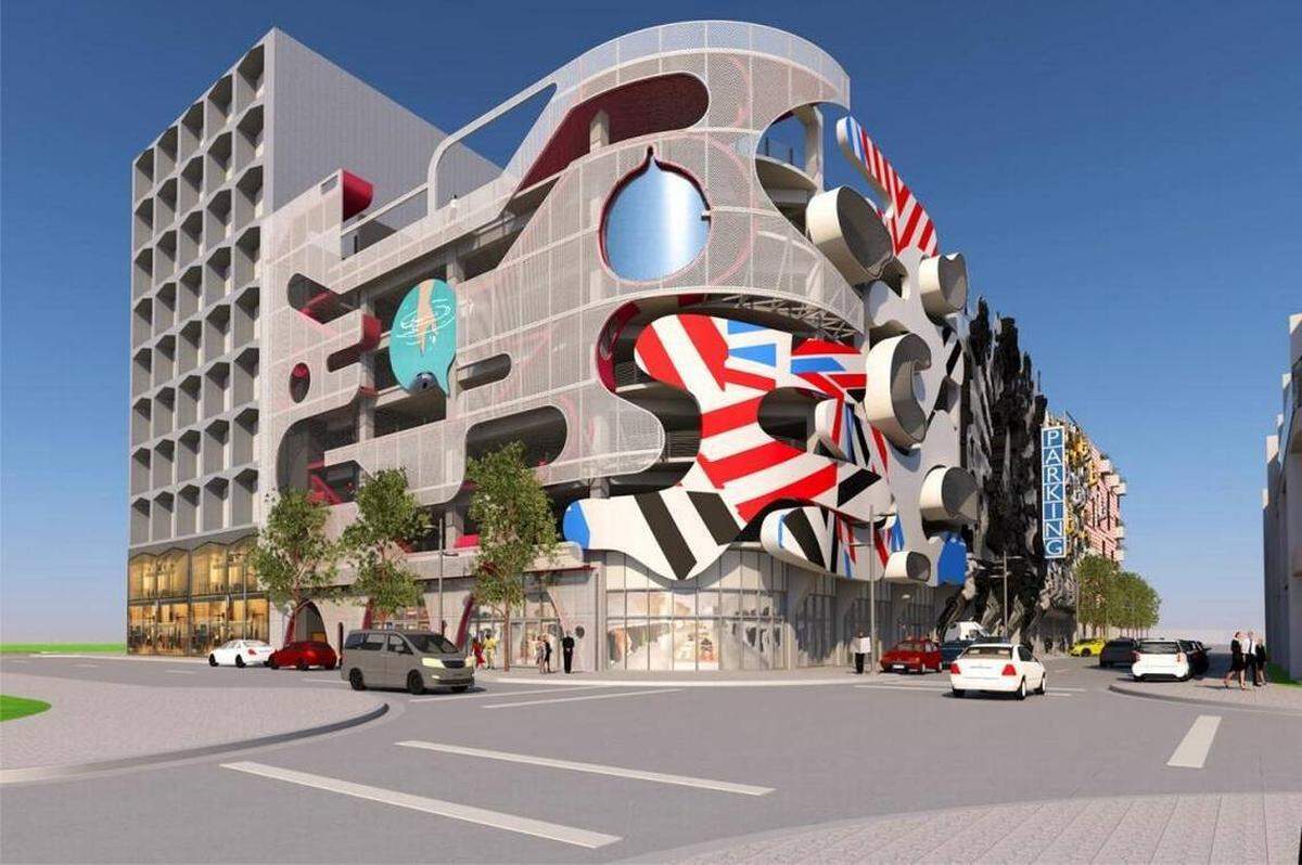 Architectural rendering of the Museum Garage in the Design District on NE 41st Street. The building will feature 900 parking spaces and six distinct facades designed by Clavel Arquitectos, J. Mayer H., K/R Keenen Riley, Nicolas Buffe, Sagmeister &amp; Walsh and WORK AC.