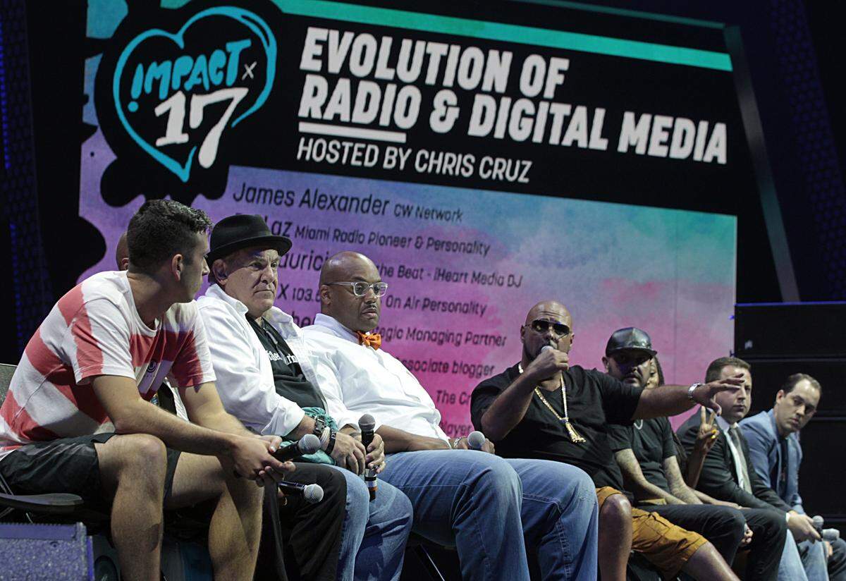 Miami's own DJ LAZ (fourth from left), speaks at the "Evolution of Radio and Digital Media panel" during the IMPACT '17 Conference, a one-day annual event centered around music, technology, fashion and art, at the University of Miami Watsco Center in Coral Gables on Thursday June 29, 2017.