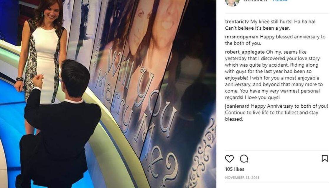 In November 2015, then-WPLG Channel 10 weatherman Trent Aric posted on Instagram a year-old photo of him proposing to the station's morning anchorwoman, Jacey Birch.