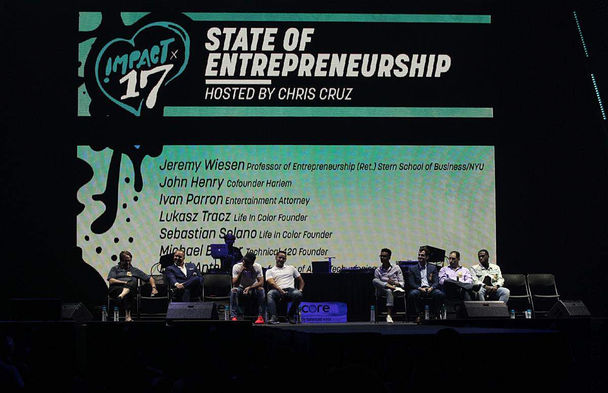 Panelists take time answering questions at the "State of Entrepreneurship panel" during the IMPACT '17 Conference, a one-day annual event centered around music, technology, fashion and art, at the University of Miami Watsco Center in Coral Gables on Thursday June 29, 2017.