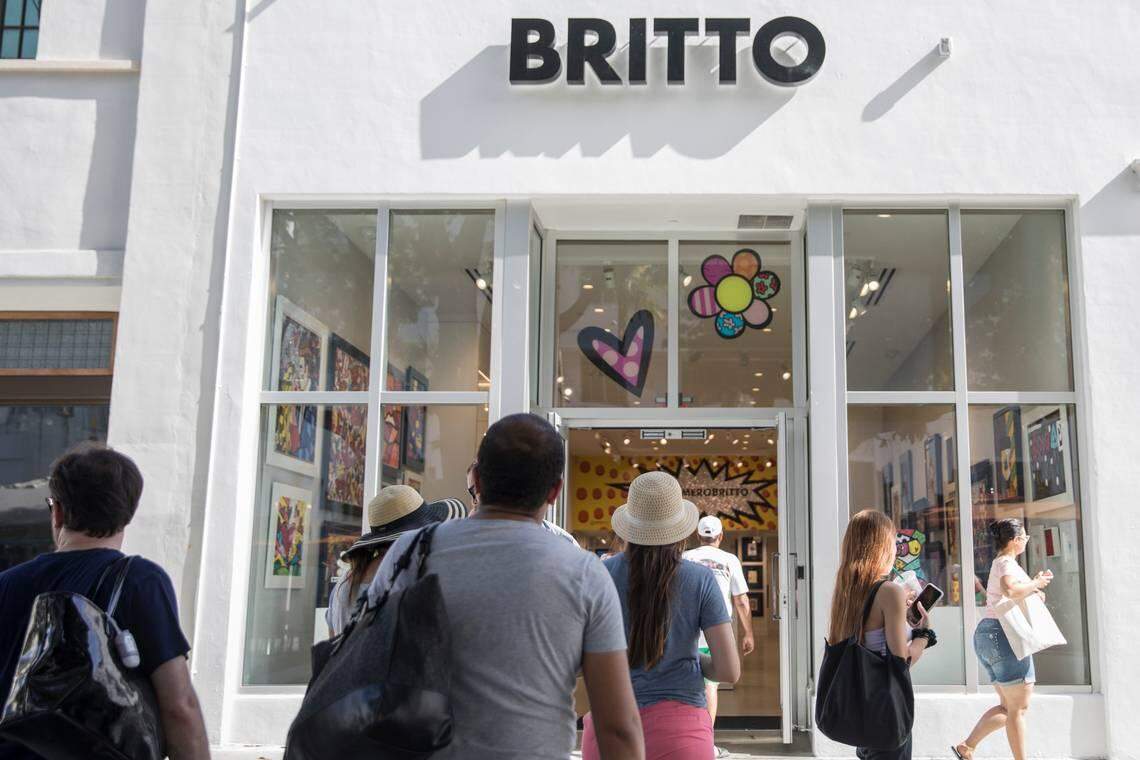 Shoppers enter the Britto Store at 532 Lincoln Road on Saturday, June 16, 2018. According to court documents, the artist Romero Britto is attempting to break his lease due to an alleged hostile environment on the historic shopping road.