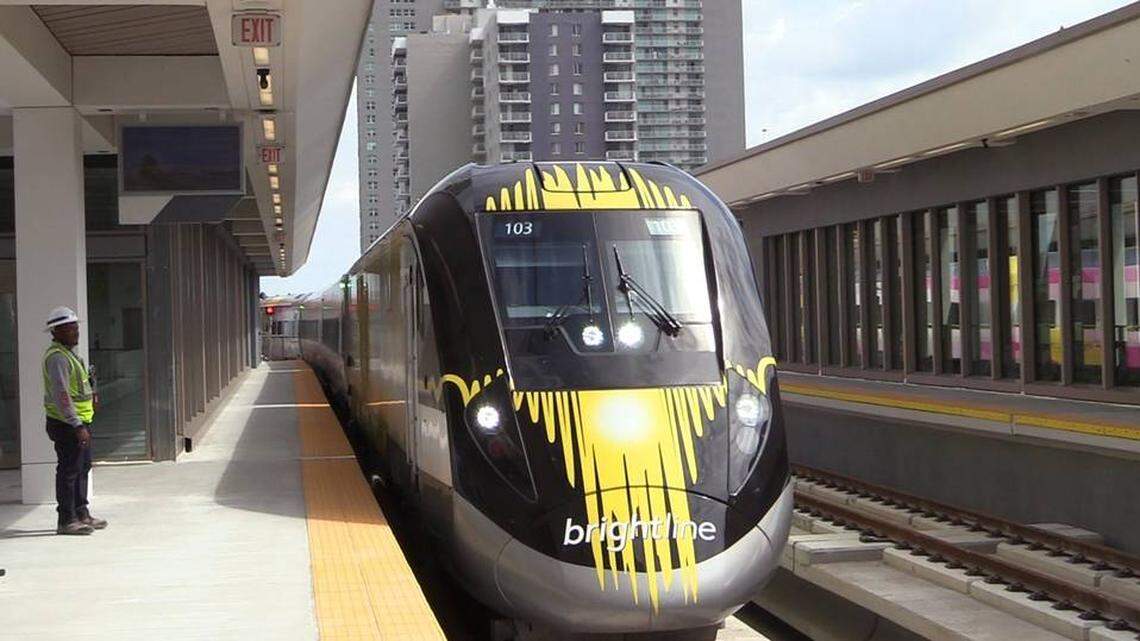 A Brightline train arrives at the MiamiCentral station in Overtown as crews prepared the station for its opening in May 2018.