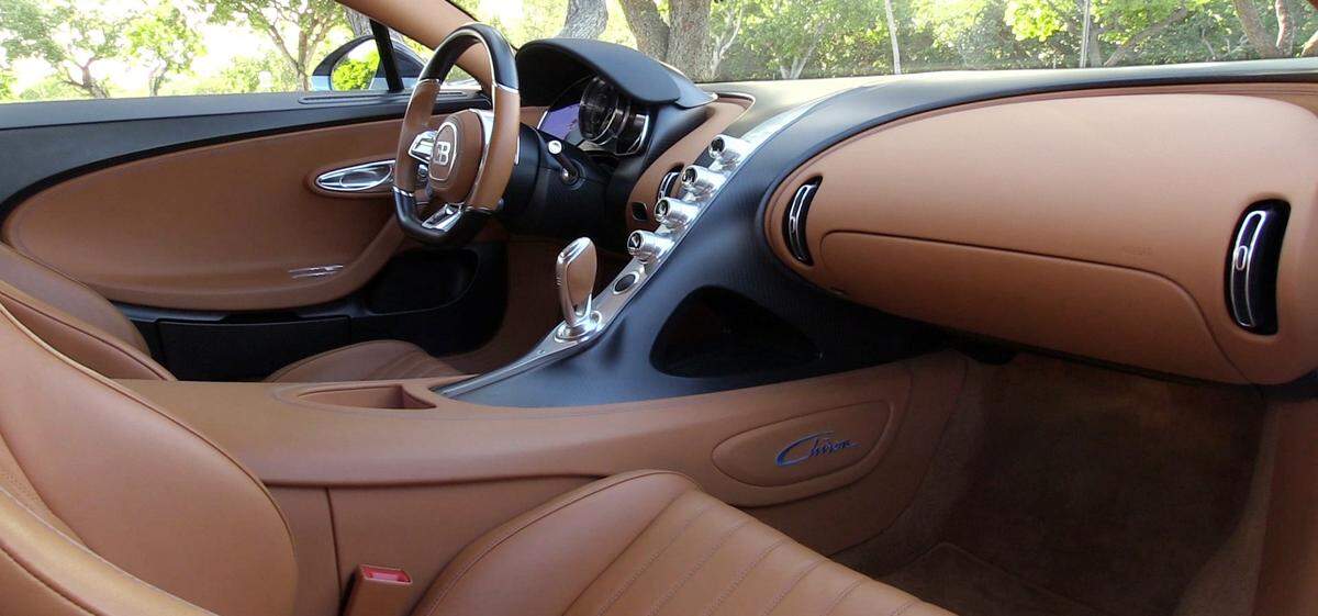 A view of the interior of the 2 passenger Bugatti Chiron.