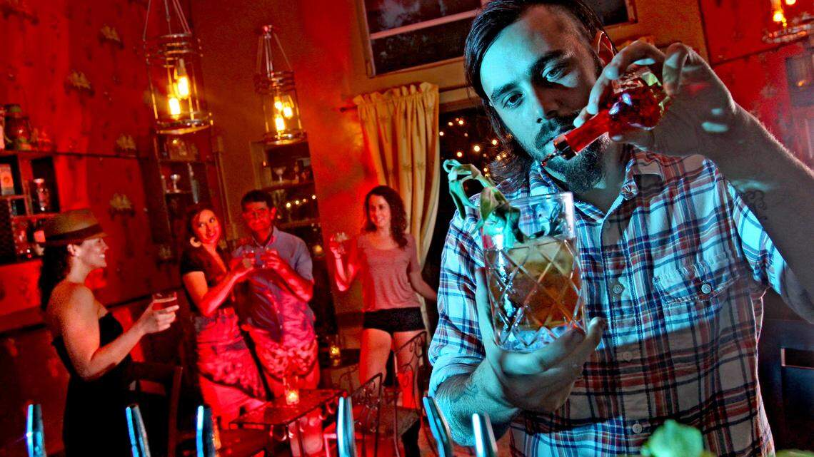 Co-Owner Elad Zvi  mixes a high end cocktail on Monday evening February 6, 2012 at the Broken Shaker, a pop-up bar that just opened at the Indian Creek Hotel on Miami Beach.