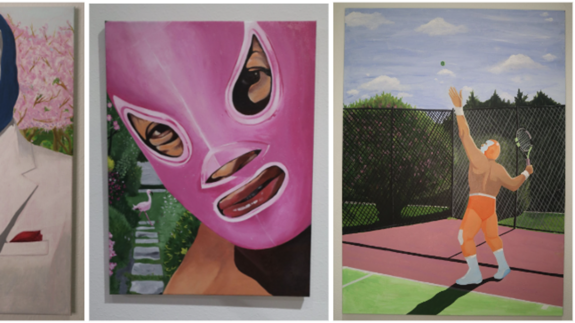 AEW wrestler Lee Moriarty paints a picture on two canvases, making his Miami Art Week debut