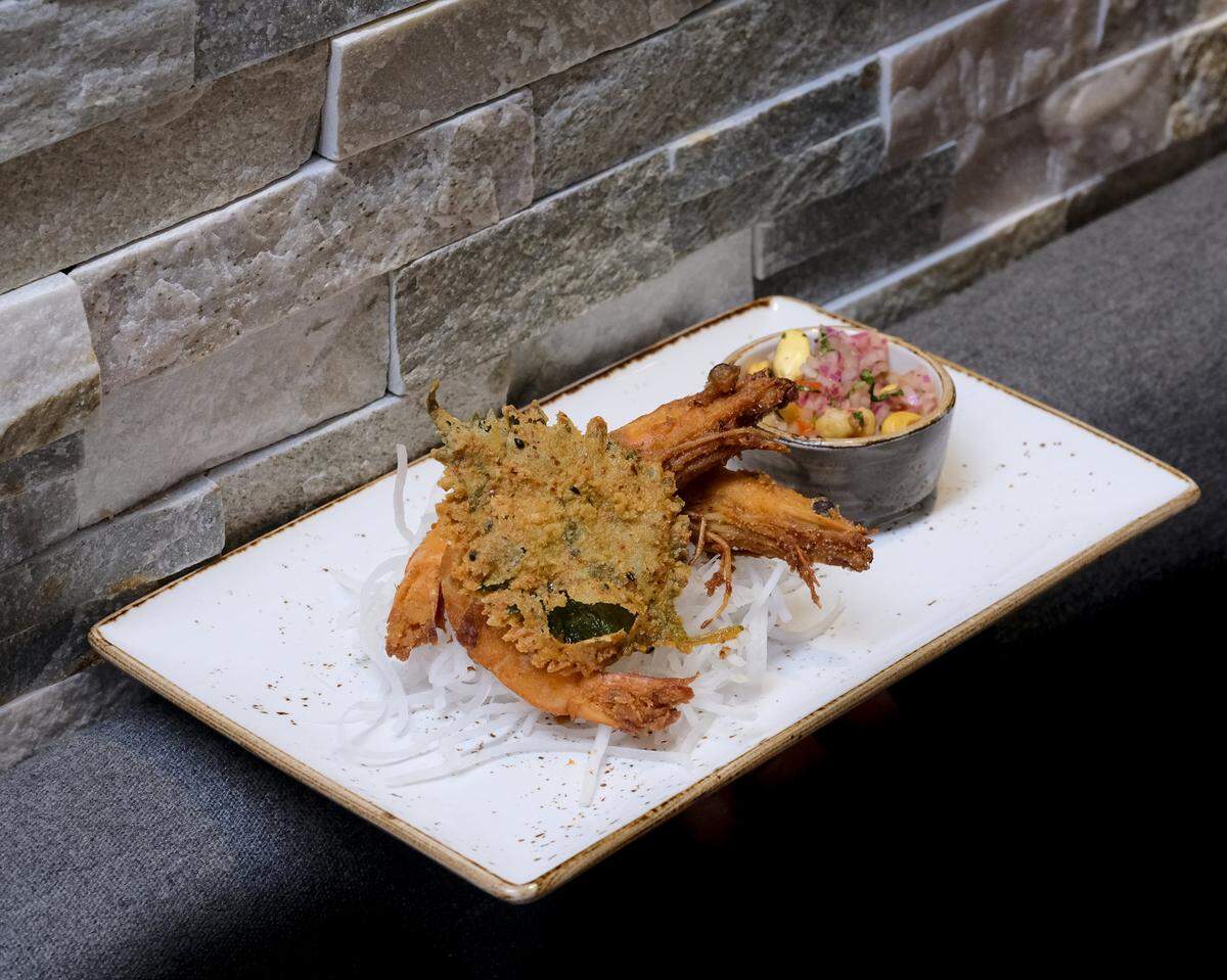 Ebi Jalea (fried shrimp and shiso with sarza criolla) was one of Fernando Chang's nisei dishes at his pop up at B Bistro and Bakery.