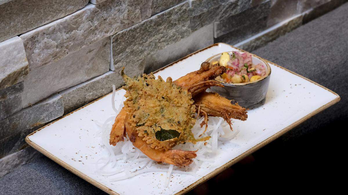 Ebi Jalea (fried shrimp and shiso with sarza criolla) was one of Fernando Chang's nisei dishes at his pop up at B Bistro and Bakery.