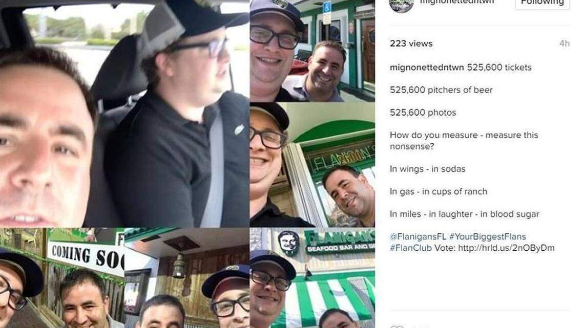 To try to match up against Flanigan’s, Mignonette took to Instagram — and to the road. The owners Danny Serfer, left, and Ryan Roman went on a 13 1/2-hour road trip on April 1 to visit every Flanigan’s in one day. They posted about it on Instagram and Twitter with the hashtag #YourBiggestFlans Instagram