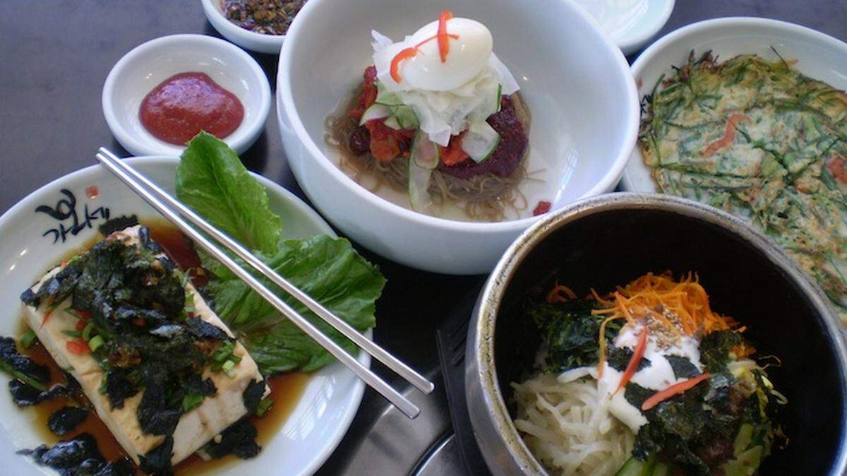 House made tofu, buckwheat noodles, pancake and stone pot mixed rice at Gabose Korean &amp; Japanese Restaurant in Lauderhill.