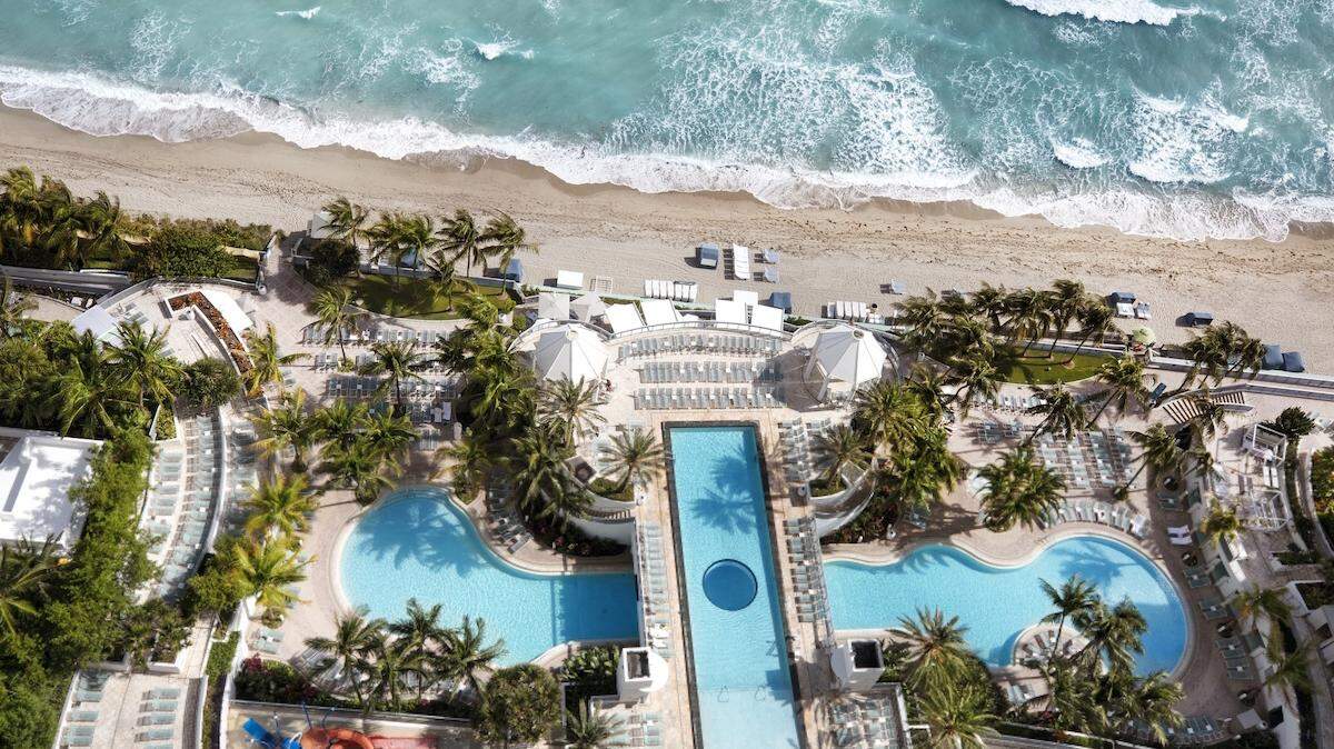An aerial shot of The Diplomat's iconic poolscape.