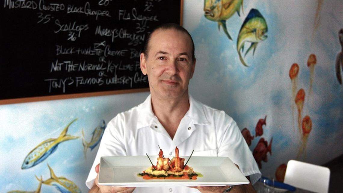 Anthony Sindaco, chef-owner of SEA in Lauderdale-by-the-Sea, Key West yellow snapper shows off grilled wild shrimp with hummus and pesto.