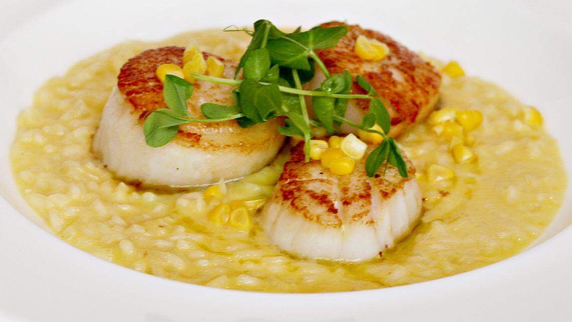 Pan Seared Scallops, Cream Corn Risotto.