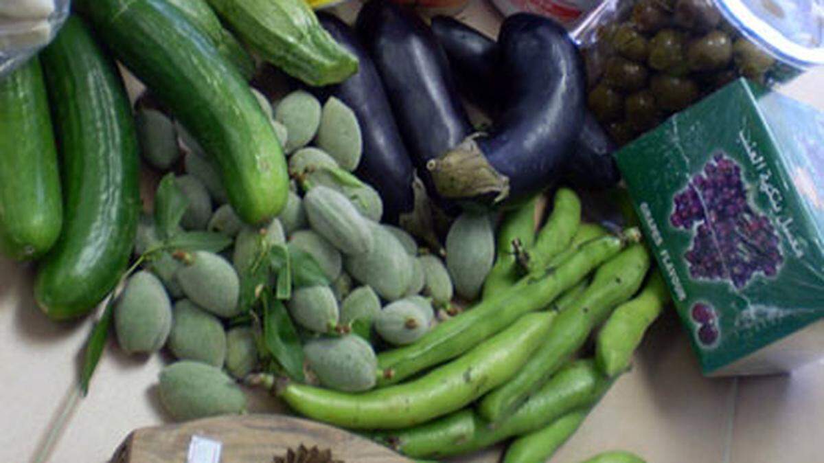 Armenian cucumbers, zucchini, green almonds, eggplant, fava beans and other goods sold in Tarragon Middle Eastern Market in Pinecrest. Photo: Linda Bladholm.