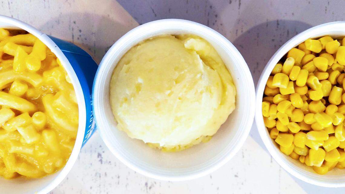 The gringo trio: mac and cheese, mashed potatoes, corn.