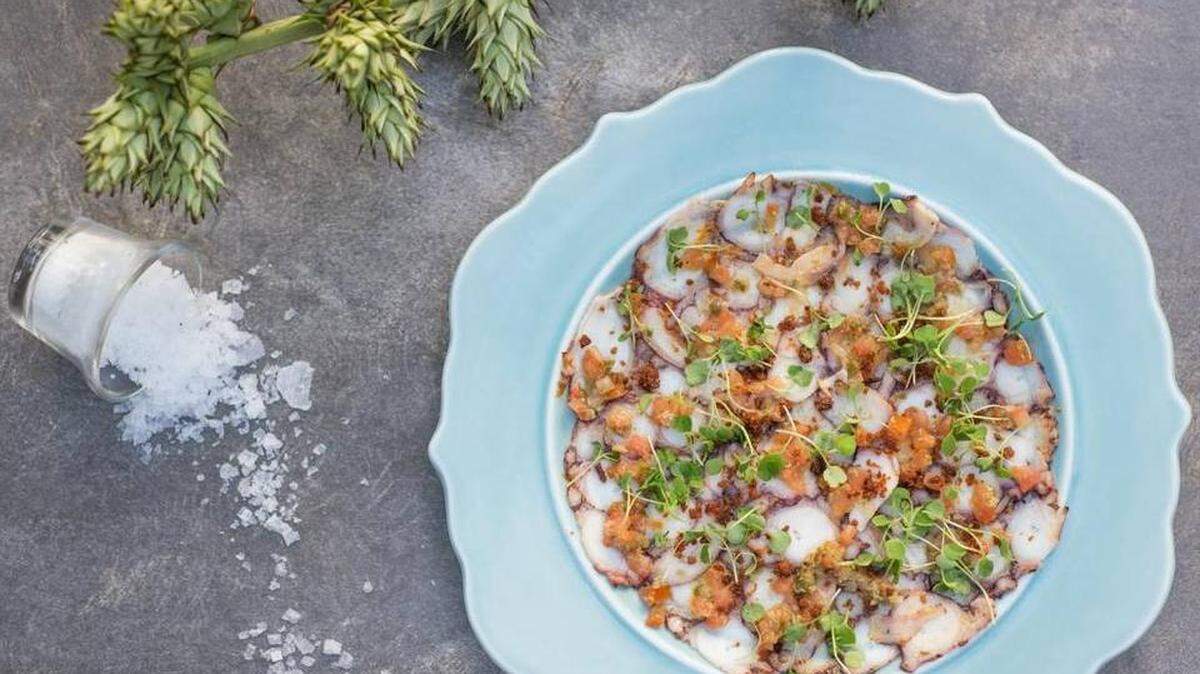Octopus carpaccio at Café Roval, a scenic new restaurant in Little River by design-inspired restaurateur Mark Soyka.