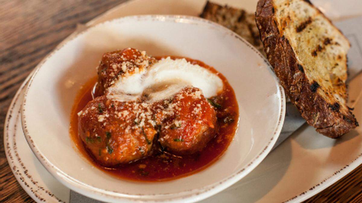 Lamb meatballs with marinara, goat cheese and crostini at Bocce in Miami.