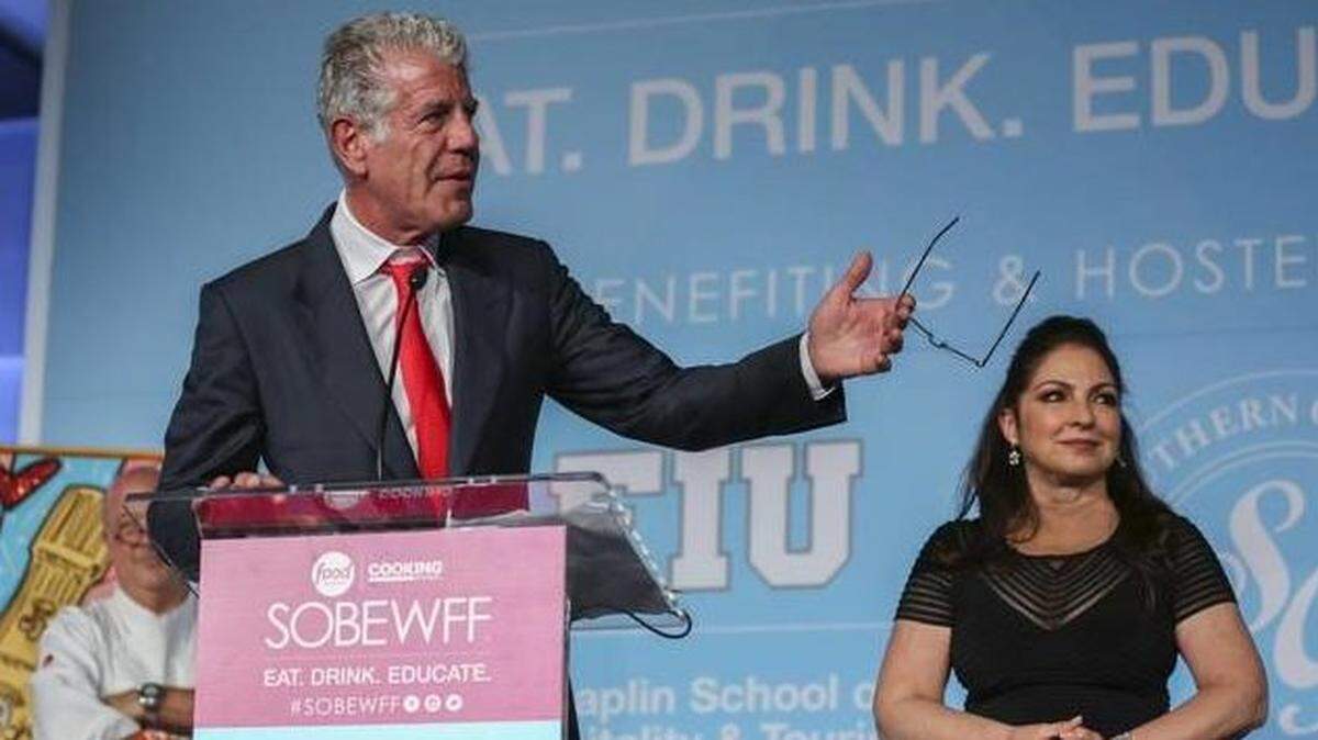 “He is the first chef in the history of the world to be sued by a sitting president. He is my hero,” emcee Anthony Bourdain told the crowd at the South Beach Wine & Food Festival’s formal tribute dinner for Chef José Andrés at the Loews Miami Beach Hotel on Feb. 25, as Gloria Estefan looks on.
