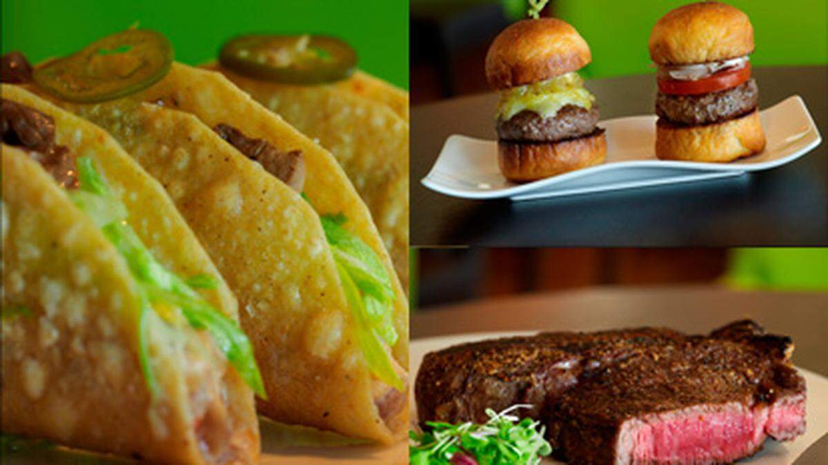 Clockwise from top left: Kobe Sliders, Tajima Kobe Porterhouse and Big Eye Tuna Foie Gras Tacos at Steak 954.