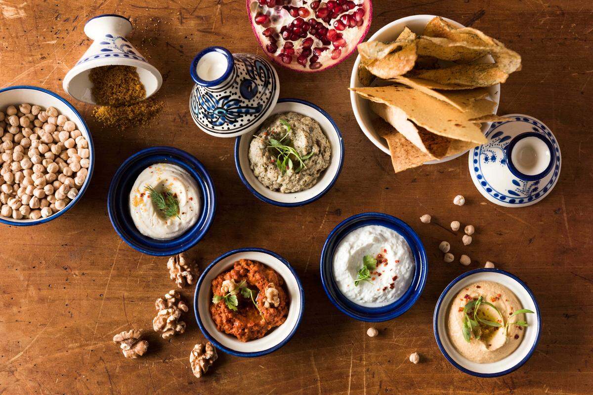 Mezze dips at Boulud Sud (Photo by Evan Sung)