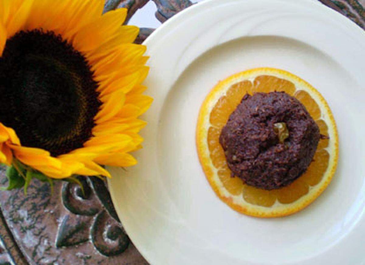 Shredded coconut and raw chocolate macaroon stuffed with a walnut at Green Gables Cafe.Photo: Linda Bladholm.