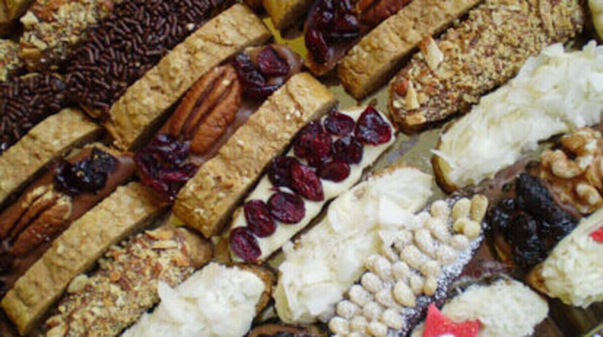 The Moroccan inspired biscotti made by Samy Chabbi garnished with dried cranberries, whole and crushed nuts and dipped in various chocolates.  Photo: Linda Bladholm.