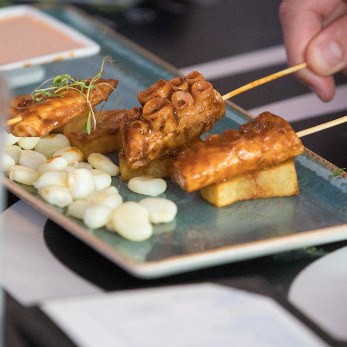 Skewered octopus anticuchos at Divino Ceviche