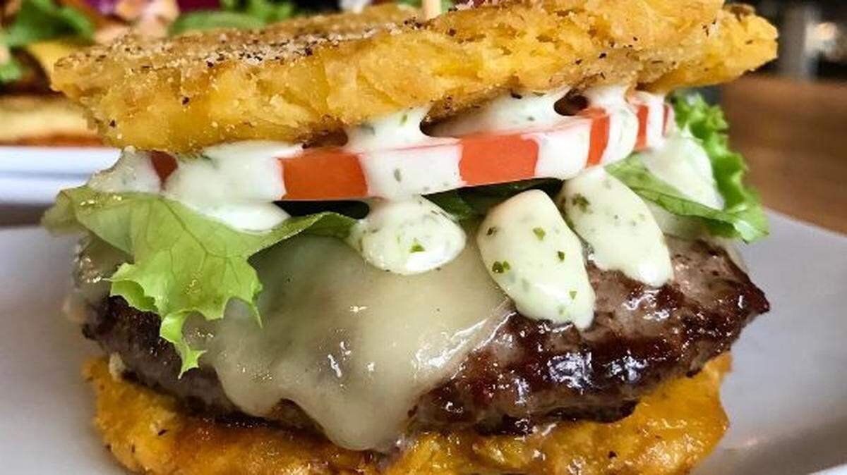 Pincho Factory's toston burger is one of the most-Miami burgers around.