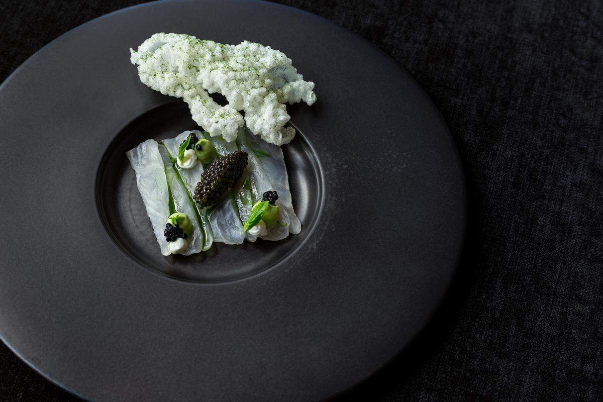 Floridian Fugu with caviar pearls and ponzu at Kaido