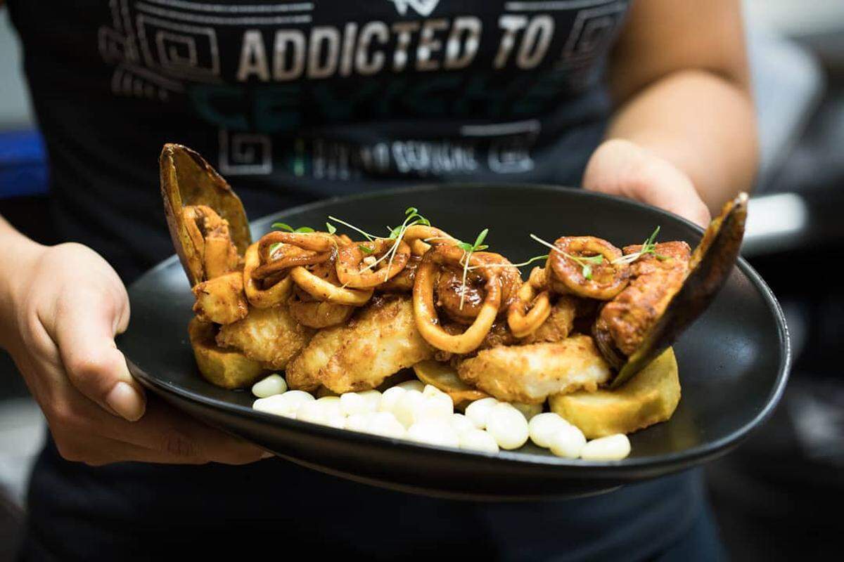 The seafood anticuchado is a specialty of the house at Divino Ceviche.