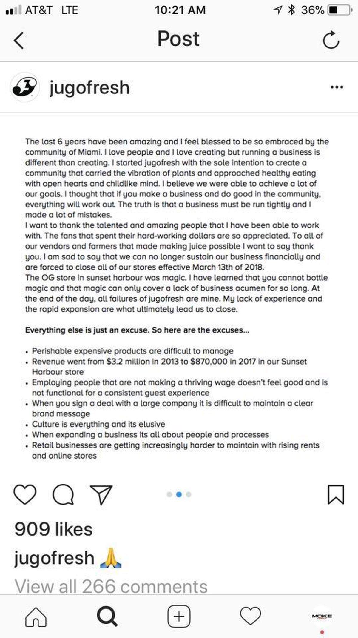 JugoFresh Founder/CEO Matthew Sherman's post on why he has gone outta biz